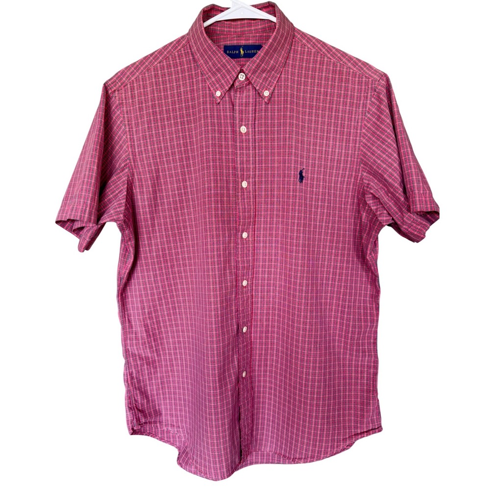 Ralph Lauren Mens Short Sleeve Button Down Shirt Red Blue Plaid Size M Preppy